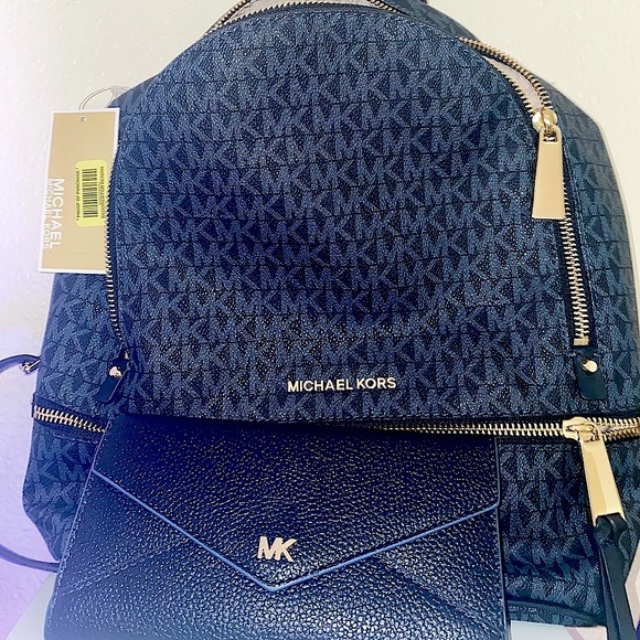 MICHAEL Michael Kors Handbags - Michael Kors MK Blue Rhea Backpack, Tri-Fold Wallet, & Drawstring Bag Set